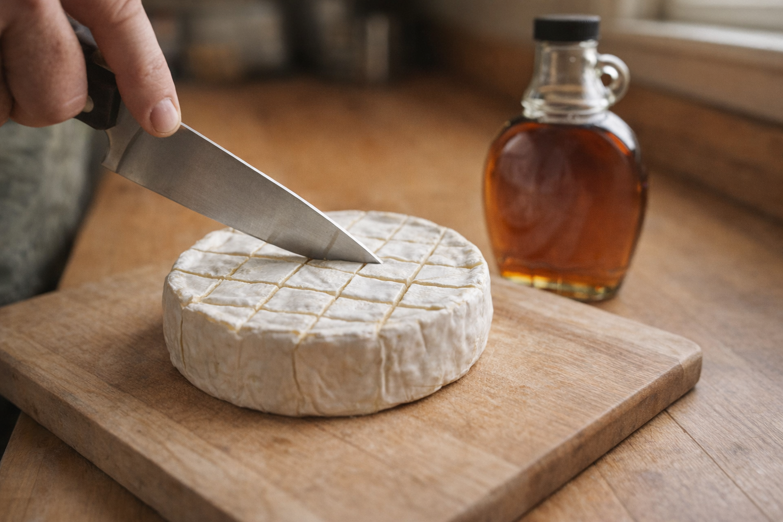 Close-up shot of a wheel of brie on a cutting board, with a sharp knife scoring a crisscross pattern on top, maple syrup bottle in the background